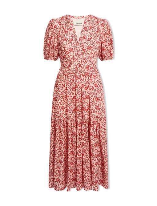 Olive Cotton Blend Midi Dress - Red Mono Floral Print - 图片 6