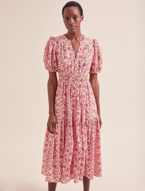 Olive Cotton Blend Midi Dress - Red Mono Floral Print - 图片 4