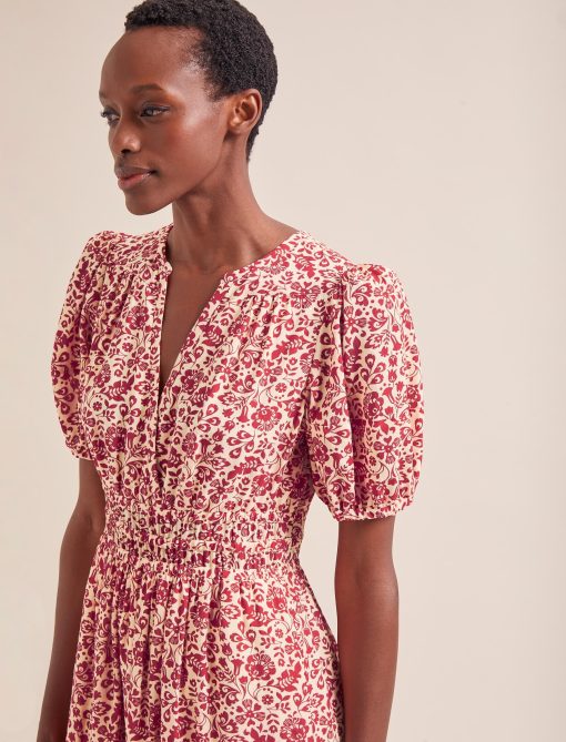 Olive Cotton Blend Midi Dress - Red Mono Floral Print - 图片 2
