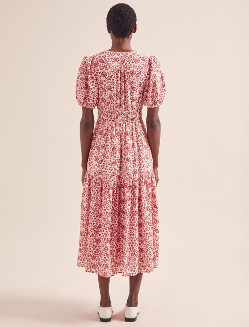 Olive Cotton Blend Midi Dress - Red Mono Floral Print - 图片 5