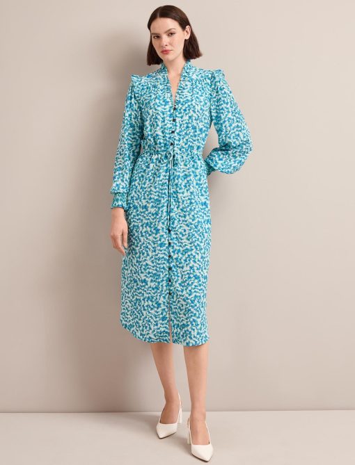 Stella Silk Midi Dress - Blue Green Feather Print - 图片 5