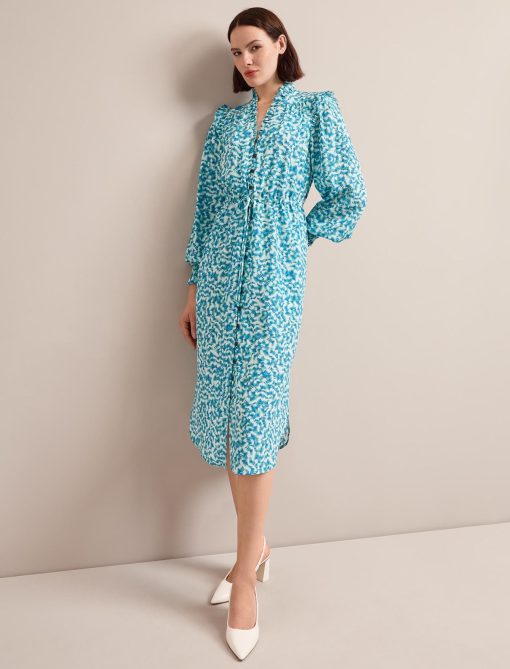 Stella Silk Midi Dress - Blue Green Feather Print - 图片 6
