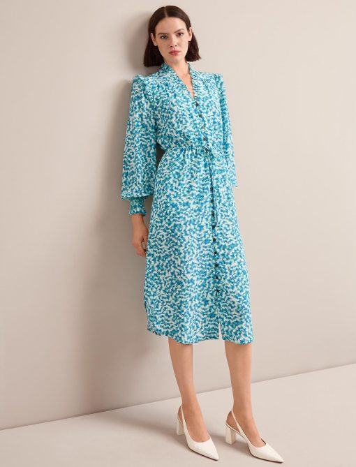 Stella Silk Midi Dress - Blue Green Feather Print - 图片 3