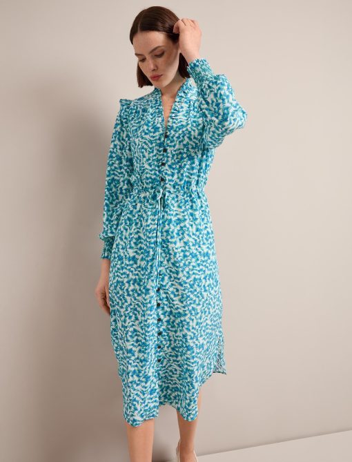 Stella Silk Midi Dress - Blue Green Feather Print - 图片 4