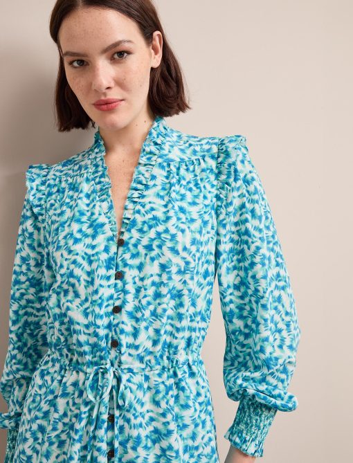 Stella Silk Midi Dress - Blue Green Feather Print - 图片 2