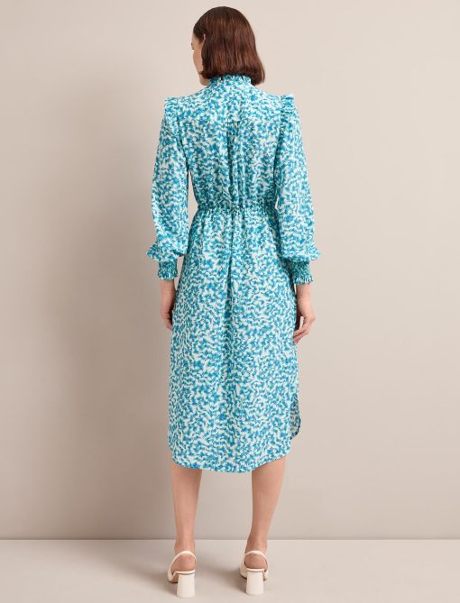 Stella Silk Midi Dress - Blue Green Feather Print - 图片 8