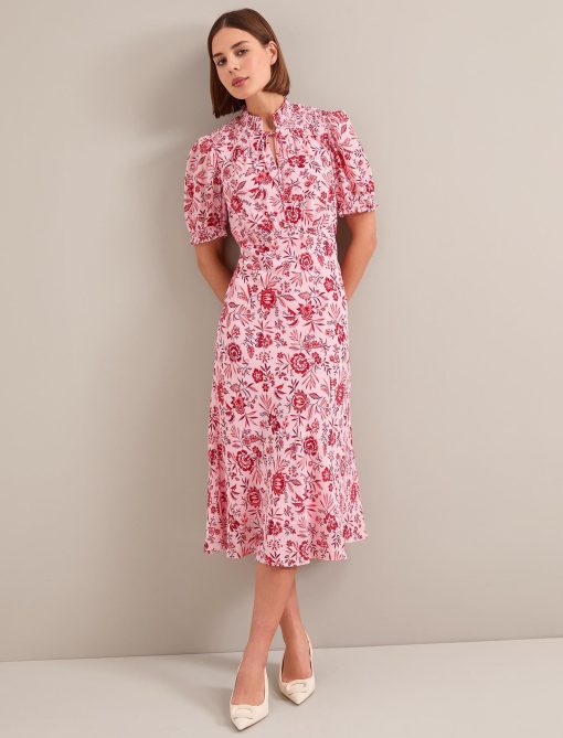 Irina Cotton Blend Midi Dress - Pink Palm Floral Print - 图片 5