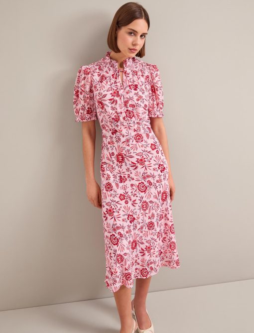 Irina Cotton Blend Midi Dress - Pink Palm Floral Print - 图片 6