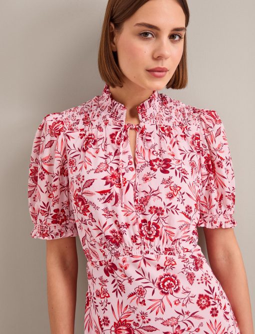 Irina Cotton Blend Midi Dress - Pink Palm Floral Print - 图片 4