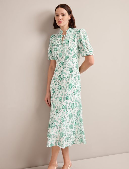 Irina Cotton Blend Midi Dress - Green Palm Floral Print - 图片 2