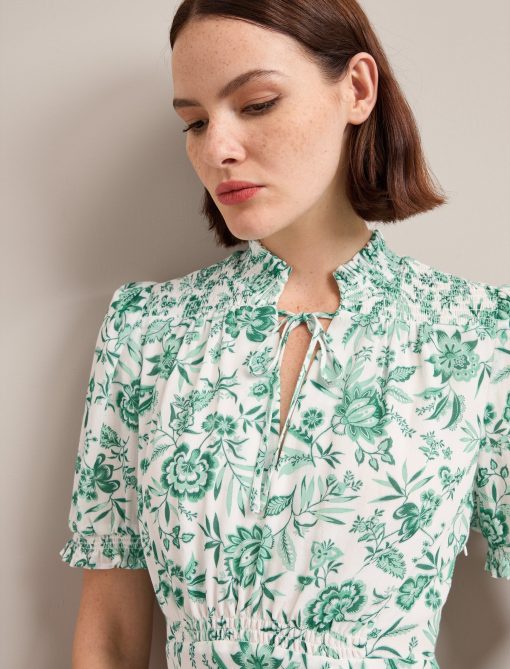 Irina Cotton Blend Midi Dress - Green Palm Floral Print - 图片 4