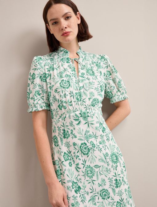 Irina Cotton Blend Midi Dress - Green Palm Floral Print - 图片 5