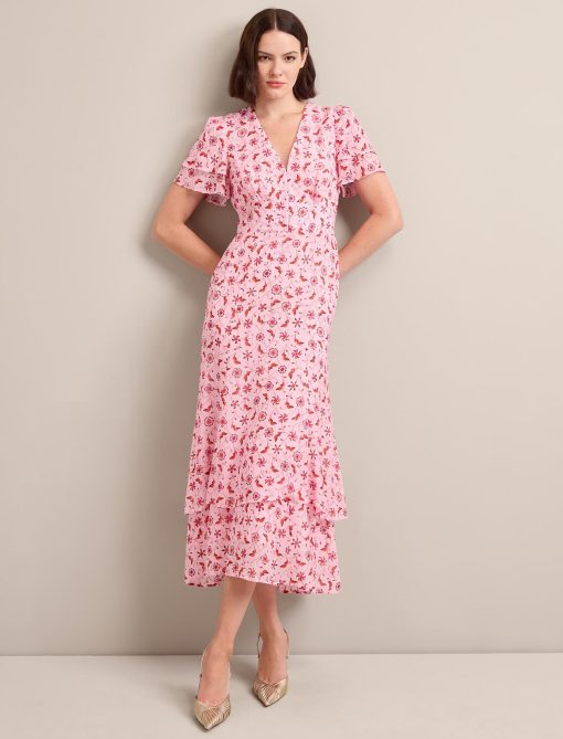 Lotta Gold Metallic Fil Coupé Maxi Dress - Pink Floral Trellis Print - 图片 4