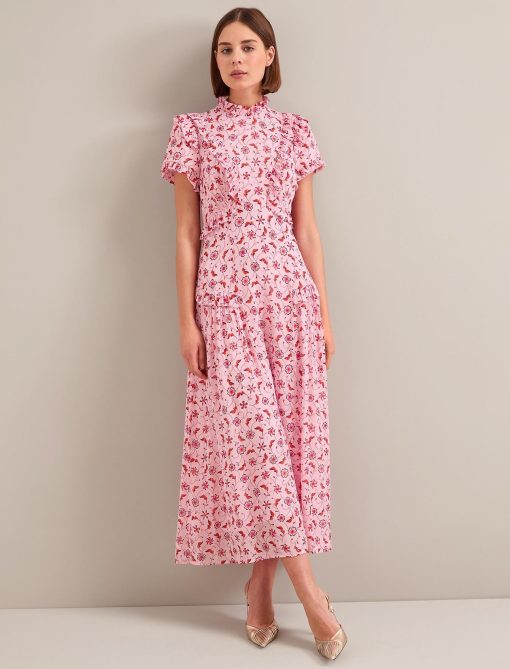 Mirabel Gold Metallic Fil Coupé Maxi Dress - Pink Floral Trellis Print - 图片 2