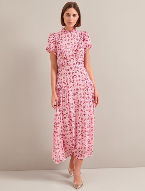 Mirabel Gold Metallic Fil Coupé Maxi Dress - Pink Floral Trellis Print - 图片 4