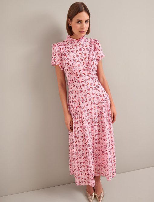 Mirabel Gold Metallic Fil Coupé Maxi Dress - Pink Floral Trellis Print - 图片 6