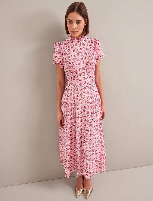 Mirabel Gold Metallic Fil Coupé Maxi Dress - Pink Floral Trellis Print - 图片 7