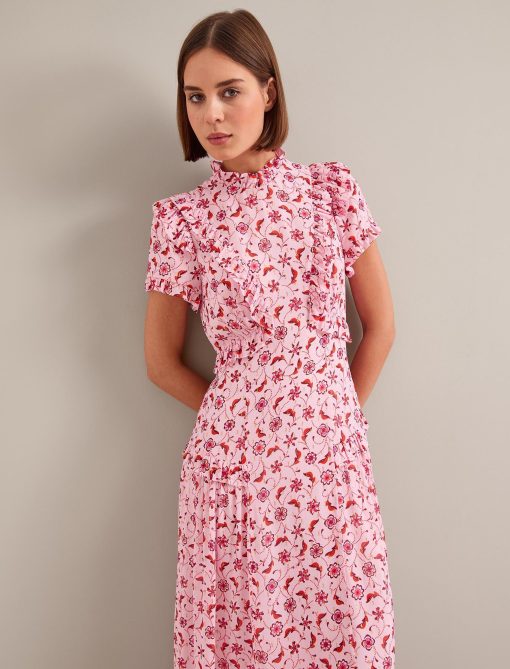 Mirabel Gold Metallic Fil Coupé Maxi Dress - Pink Floral Trellis Print - 图片 9