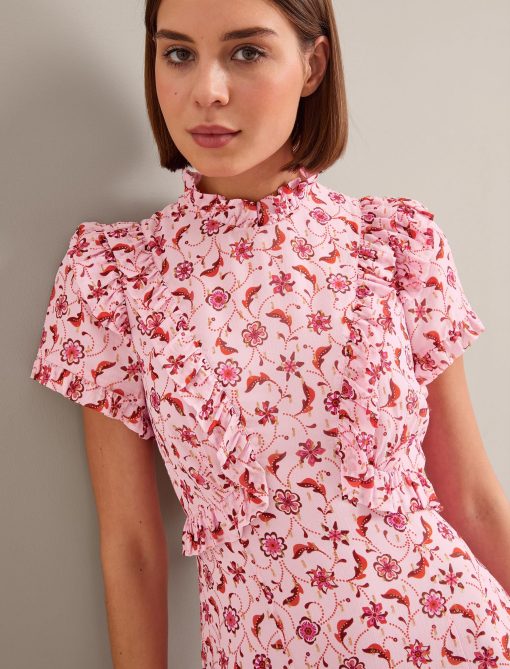 Mirabel Gold Metallic Fil Coupé Maxi Dress - Pink Floral Trellis Print - 图片 8