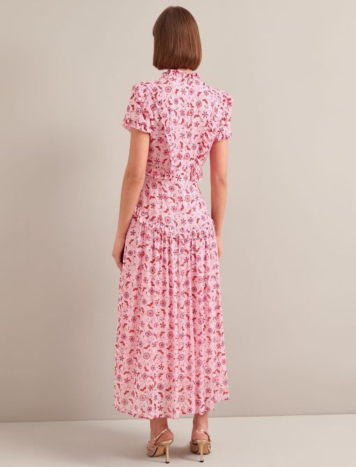 Mirabel Gold Metallic Fil Coupé Maxi Dress - Pink Floral Trellis Print - 图片 10