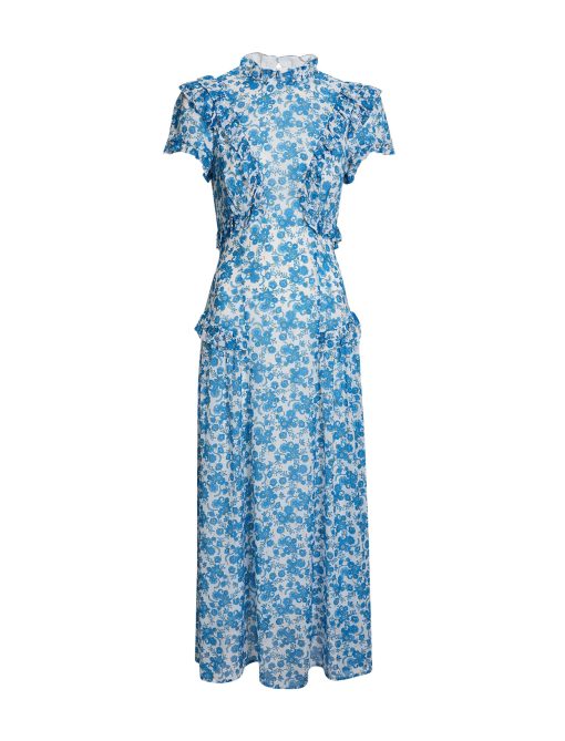 Mirabel Gold Metallic Fil Coupé Maxi Dress - White Blue Paisley Print - 图片 11