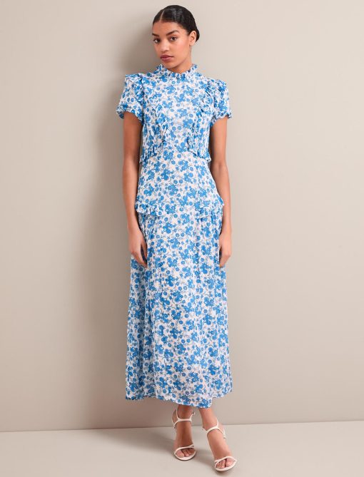 Mirabel Gold Metallic Fil Coupé Maxi Dress - White Blue Paisley Print - 图片 7
