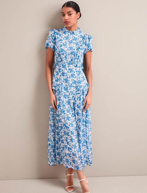 Mirabel Gold Metallic Fil Coupé Maxi Dress - White Blue Paisley Print - 图片 9
