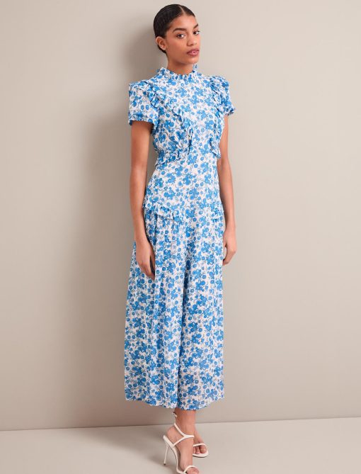 Mirabel Gold Metallic Fil Coupé Maxi Dress - White Blue Paisley Print - 图片 5
