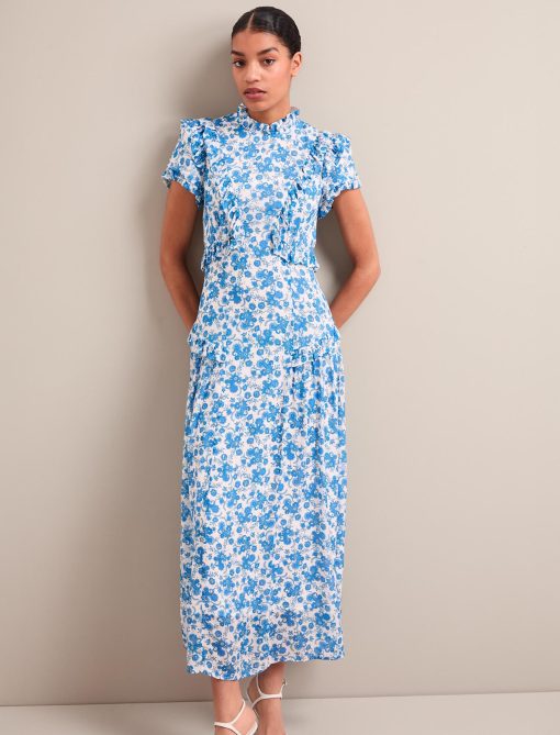 Mirabel Gold Metallic Fil Coupé Maxi Dress - White Blue Paisley Print - 图片 6