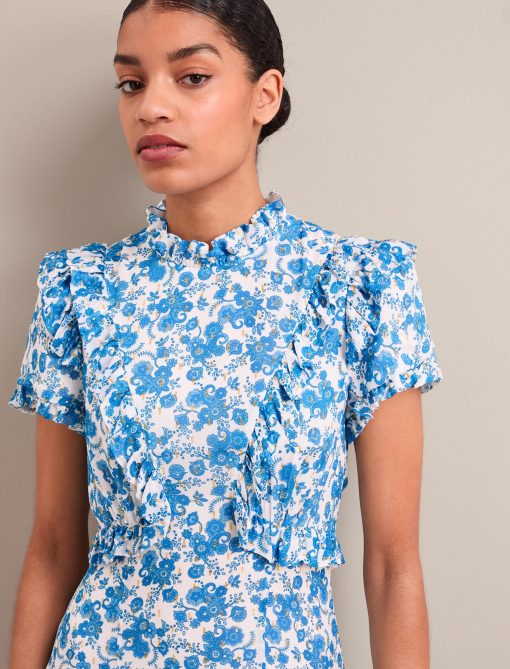 Mirabel Gold Metallic Fil Coupé Maxi Dress - White Blue Paisley Print - 图片 2
