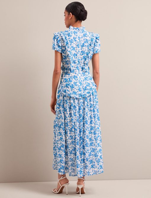 Mirabel Gold Metallic Fil Coupé Maxi Dress - White Blue Paisley Print - 图片 10