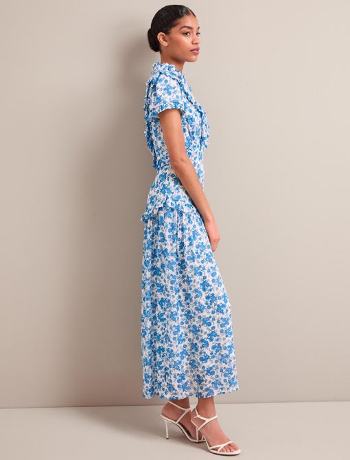 Mirabel Gold Metallic Fil Coupé Maxi Dress - White Blue Paisley Print - 图片 8
