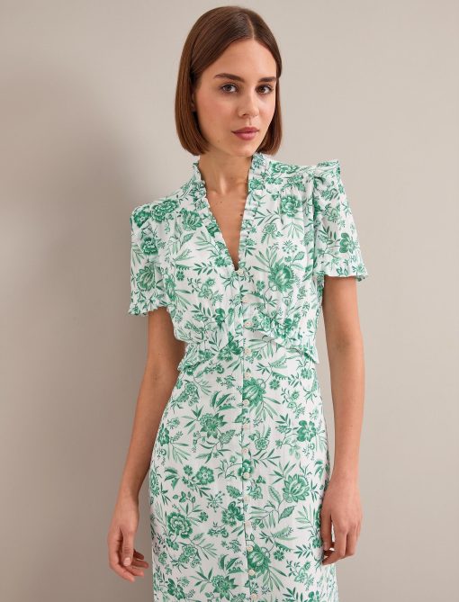 Liliana Cotton Blend Maxi Dress - Green Palm Floral Print - 图片 2