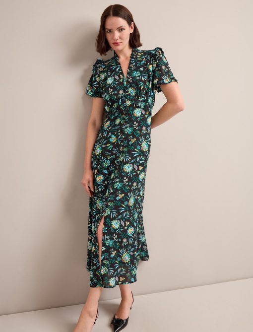 Liliana Cotton Blend Maxi Dress - Black Palm Floral Print - 图片 5