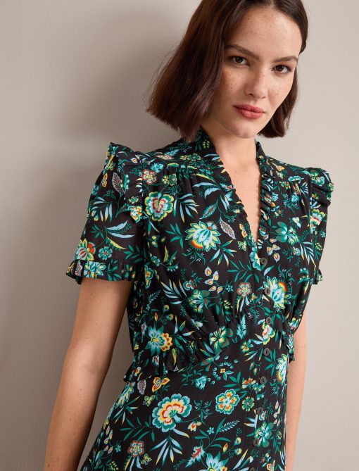 Liliana Cotton Blend Maxi Dress - Black Palm Floral Print - 图片 4