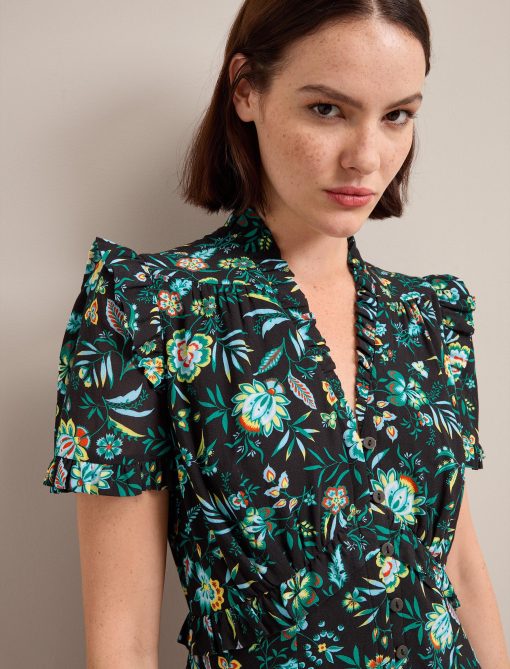 Liliana Cotton Blend Maxi Dress - Black Palm Floral Print - 图片 2