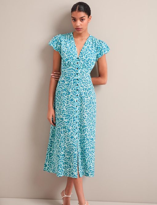 Leila Silk Maxi Dress - Blue Green Feather Print - 图片 5