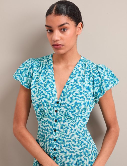 Leila Silk Maxi Dress - Blue Green Feather Print - 图片 6