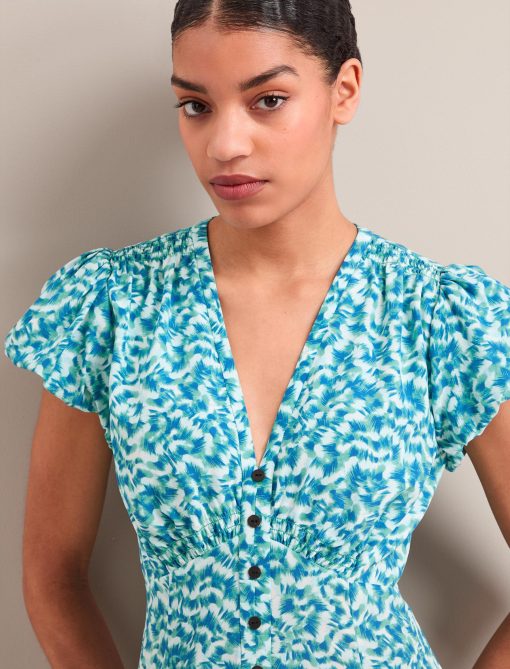Leila Silk Maxi Dress - Blue Green Feather Print - 图片 2