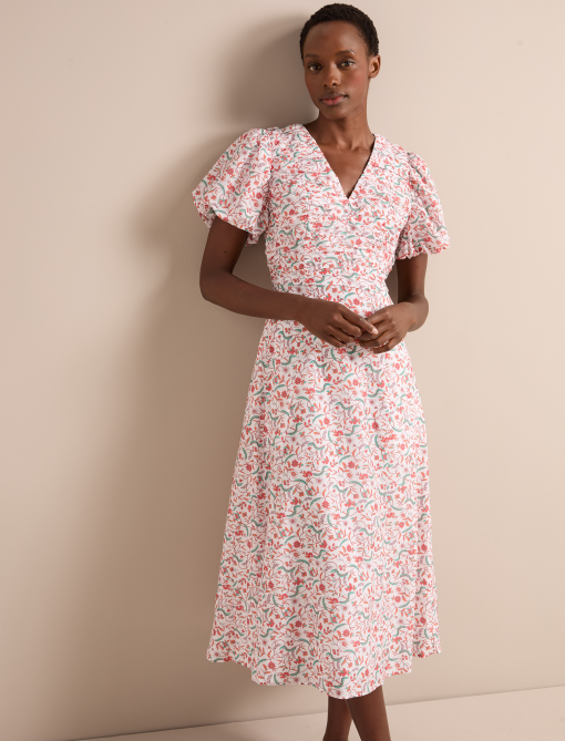 Elisa Silk Blend Midi Dress - Red Trailing Feather Print - 图片 8