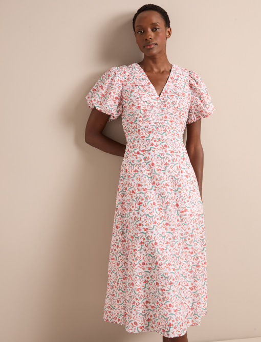 Elisa Silk Blend Midi Dress - Red Trailing Feather Print - 图片 3