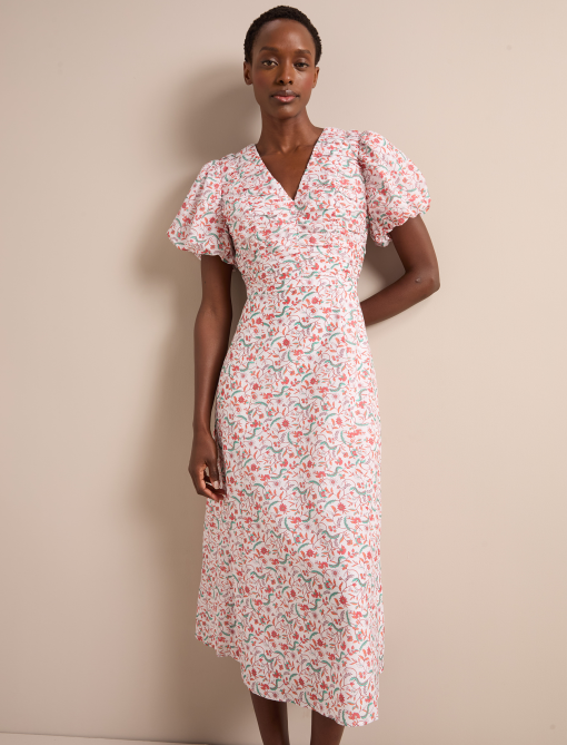 Elisa Silk Blend Midi Dress - Red Trailing Feather Print - 图片 5