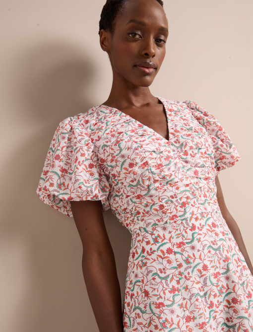 Elisa Silk Blend Midi Dress - Red Trailing Feather Print - 图片 7