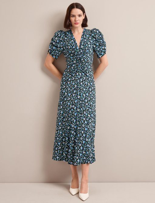 Ophelia Bias Cut Maxi Dress - Black Blue Deco Floral Print - 图片 2