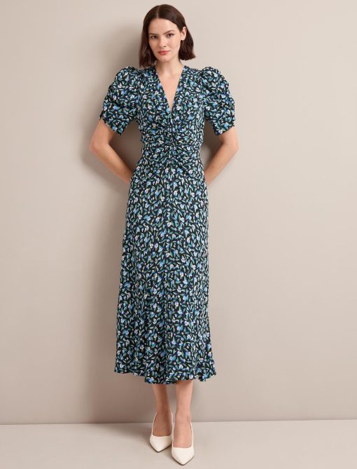 Ophelia Bias Cut Maxi Dress - Black Blue Deco Floral Print - 图片 6