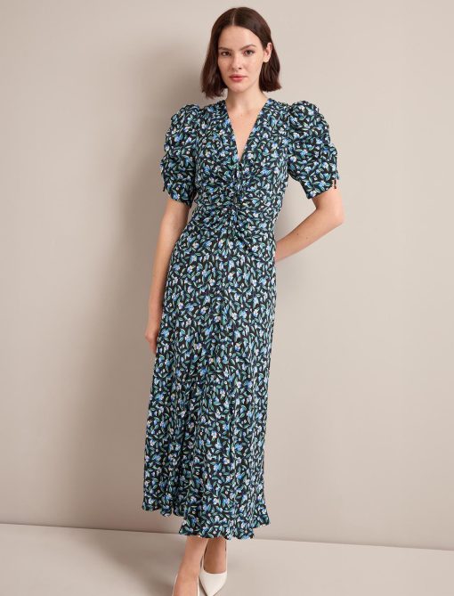 Ophelia Bias Cut Maxi Dress - Black Blue Deco Floral Print - 图片 7