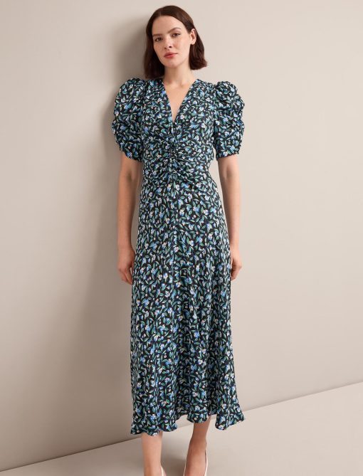 Ophelia Bias Cut Maxi Dress - Black Blue Deco Floral Print - 图片 4
