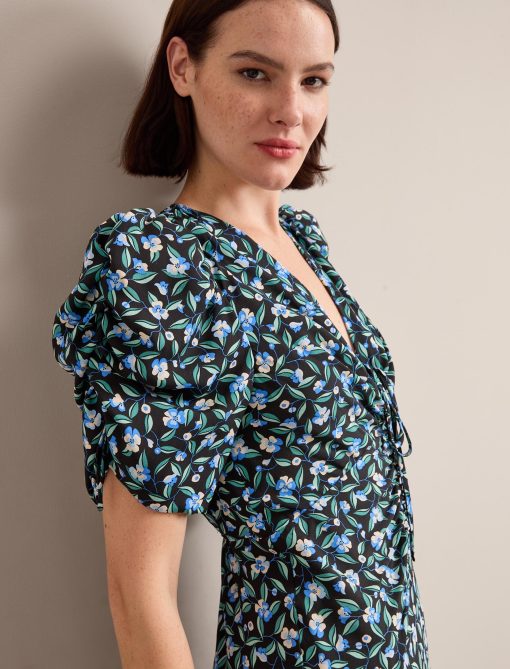 Ophelia Bias Cut Maxi Dress - Black Blue Deco Floral Print - 图片 3
