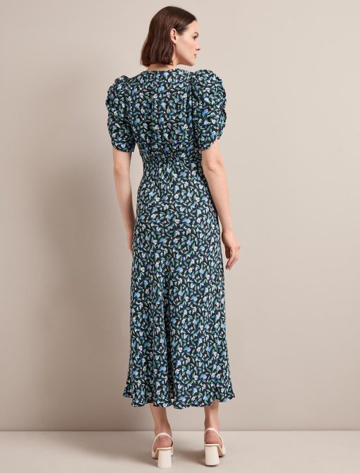 Ophelia Bias Cut Maxi Dress - Black Blue Deco Floral Print - 图片 8