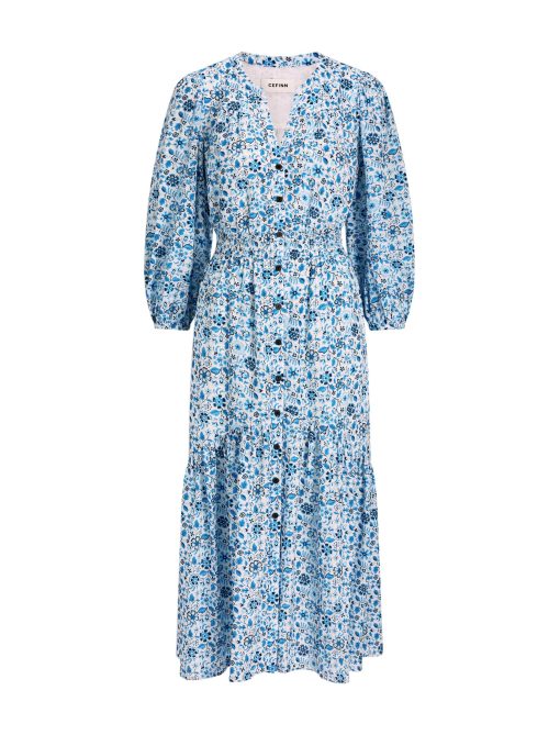 Aspen Cotton Blend Maxi Dress - White Blue Ditsy Carnation Print - 图片 14